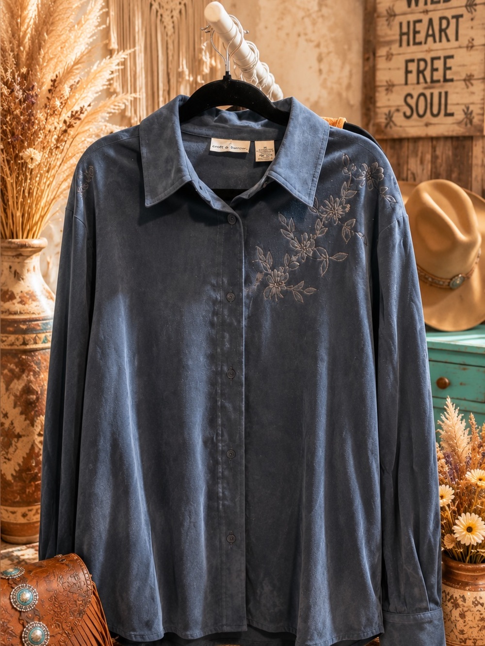 Blue Button-Up Shirt with Subtle Floral Engraving